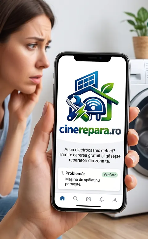 O persoană cu o mașină de spălat defectă trimite o cerere pe CineRepara.ro de pe telefon
