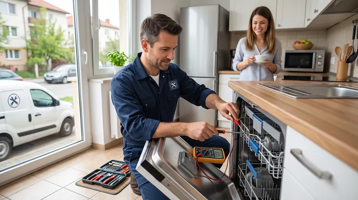 Reparator care verifică o mașină de spălat vase la domiciliul clientului